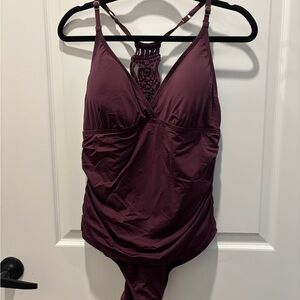 Plunge One-Piece Swimsuit with Macramé Back - Deep Plum